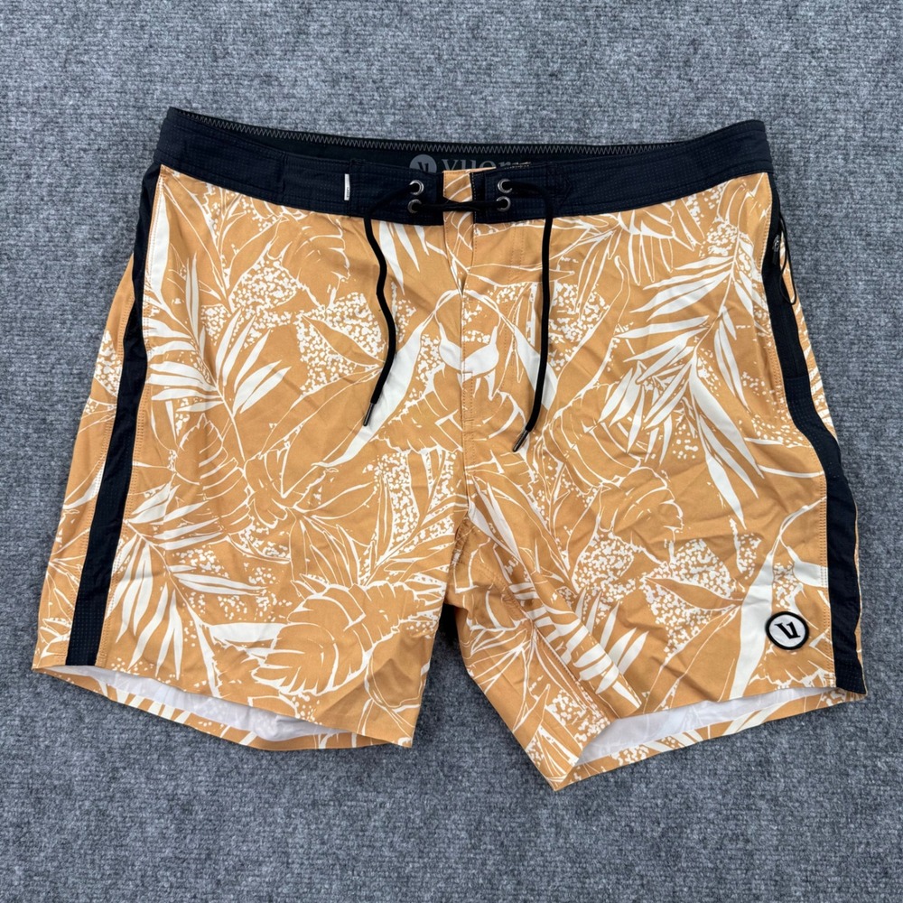 Vuori Board Shorts 34 Ochre Tropical Floral Performance Swim Trunks Men's
